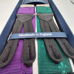 Albert Thurston for Cruciani & Bella Made in England Adjustable Sizing 40 mm Woven Barathea  Purple and Green Motif Braces Braid ends Y-Shaped Nickel Fittings Size: XL #6255