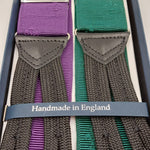 Albert Thurston for Cruciani & Bella Made in England Adjustable Sizing 40 mm Woven Barathea  Purple and Green Motif Braces Braid ends Y-Shaped Nickel Fittings Size: XL #6255