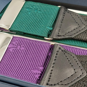 Albert Thurston for Cruciani & Bella Made in England Adjustable Sizing 40 mm Woven Barathea  Purple and Green Motif Braces Braid ends Y-Shaped Nickel Fittings Size: XL #6255