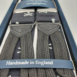 Albert Thurston for Cruciani & Bella Made in England Adjustable Sizing 40 mm Woven Barathea  Dark and White Motif Braces Braid ends Y-Shaped Nickel Fittings Size: XL #6256