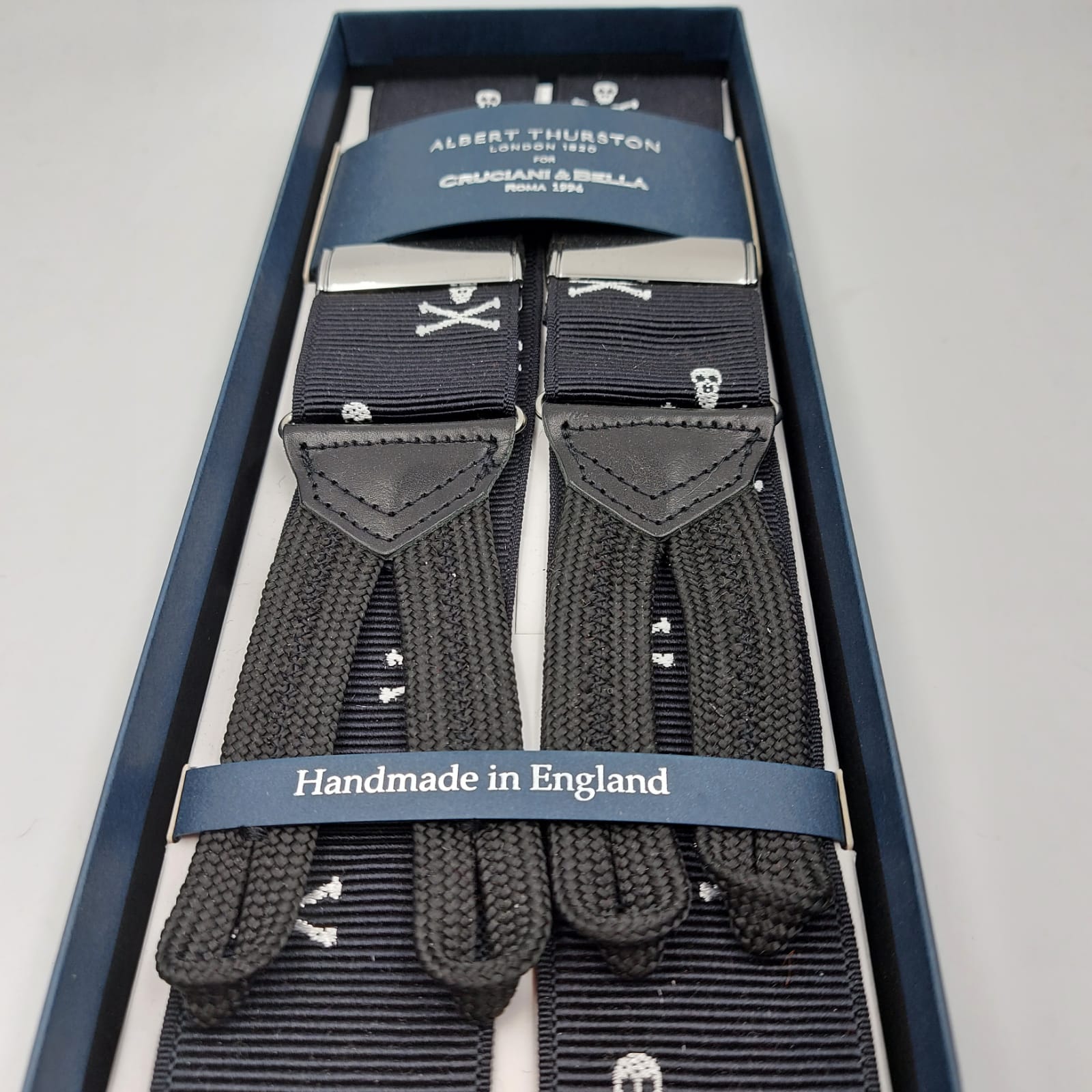 Albert Thurston for Cruciani & Bella Made in England Adjustable Sizing 40 mm Woven Barathea  Dark and White Motif Braces Braid ends Y-Shaped Nickel Fittings Size: XL #6256