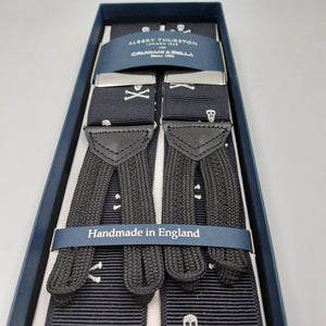 Albert Thurston for Cruciani & Bella Made in England Adjustable Sizing 40 mm Woven Barathea  Dark and White Motif Braces Braid ends Y-Shaped Nickel Fittings Size: XL #6256