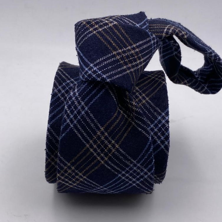 Cruciani & Bella 100% Silk  Self Tipped Wowen Jacquard Blue Tie Brown and White Tartan Motif Handmade in Italy 9 cm x 148 cm New Old Stock #6403