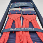 Albert Thurston for Cruciani & Bella Made in England Adjustable Sizing 40 mm Woven Barathea  Blue and Red Dot  Motif  Braces Elastic Braces Y-Shaped Nickel Fittings Size: XL 6168 