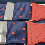 Albert Thurston for Cruciani & Bella Made in England Adjustable Sizing 40 mm Woven Barathea  Blue and Red Dot  Motif  Braces Elastic Braces Y-Shaped Nickel Fittings Size: XL 6168 