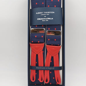 Albert Thurston for Cruciani & Bella Made in England Adjustable Sizing 40 mm Woven Barathea  Blue and Red Dot  Motif  Braces Elastic Braces Y-Shaped Nickel Fittings Size: XL 6168 