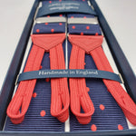 Albert Thurston for Cruciani & Bella Made in England Adjustable Sizing 40 mm Woven Barathea  Blue and Red Dot  Motif  Braces Elastic Braces Y-Shaped Nickel Fittings Size: XL 6168 