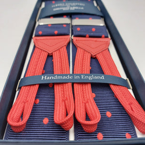 Albert Thurston for Cruciani & Bella Made in England Adjustable Sizing 40 mm Woven Barathea  Blue and Red Dot  Motif  Braces Elastic Braces Y-Shaped Nickel Fittings Size: XL 6168 