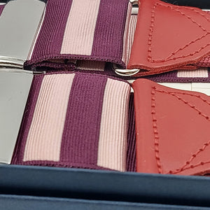 Albert Thurston for Cruciani & Bella Made in England Adjustable Sizing 40 mm Woven Barathea  Wine and Pink Stripes  Motif  Braces Elastic Braces Y-Shaped Nickel Fittings Size: XL 6171
