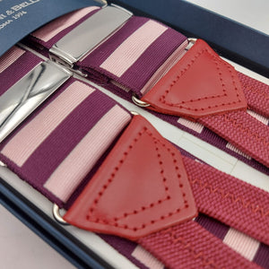 Albert Thurston for Cruciani & Bella Made in England Adjustable Sizing 40 mm Woven Barathea  Wine and Pink Stripes  Motif  Braces Elastic Braces Y-Shaped Nickel Fittings Size: XL 6171