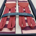 Albert Thurston for Cruciani & Bella Made in England Adjustable Sizing 40 mm Woven Barathea  Wine and Pink Stripes  Motif  Braces Elastic Braces Y-Shaped Nickel Fittings Size: XL 6171