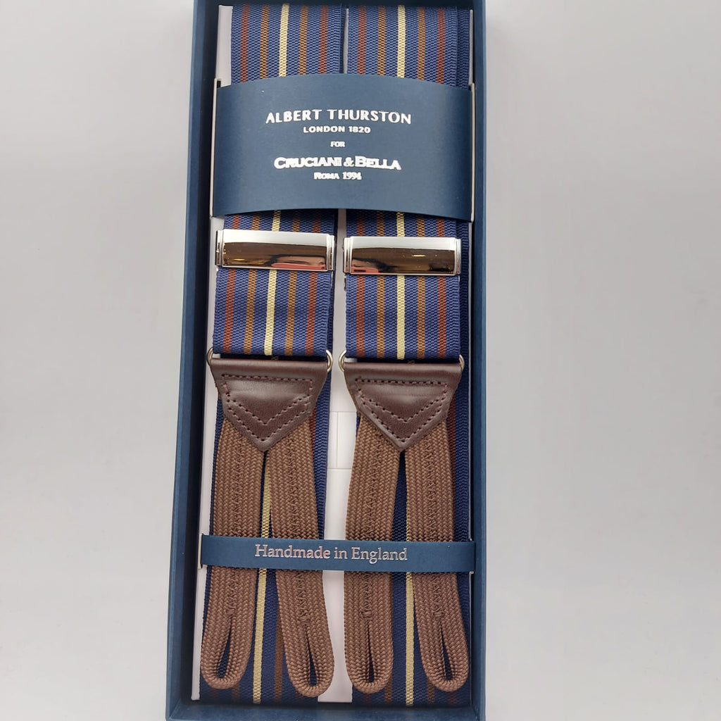 Albert Thurston for Cruciani & Bella Made in England Adjustable Sizing 40 mm Woven Barathea  Blue ,Brown and Yellow  Stripes  Motif  Braces Elastic Braces Y-Shaped Nickel Fittings Size: XL 6173
