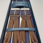 Albert Thurston for Cruciani & Bella Made in England Adjustable Sizing 40 mm Woven Barathea  Blue ,Brown and Yellow  Stripes  Motif  Braces Elastic Braces Y-Shaped Nickel Fittings Size: XL 6173