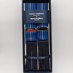 Albert Thurston for Cruciani & Bella Made in England Adjustable Sizing 40 mm Woven Barathea  Dark Blue and Light Blue  Stripes  Motif  Braces Y-Shaped Nickel Fittings Multifit