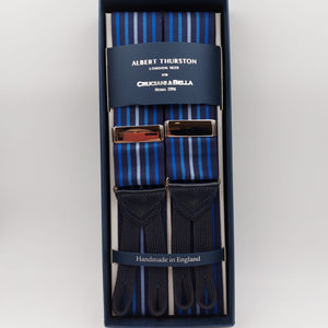 Albert Thurston for Cruciani & Bella Made in England Adjustable Sizing 40 mm Woven Barathea  Dark Blue and Light Blue  Stripes  Motif  Braces Y-Shaped Nickel Fittings Multifit
