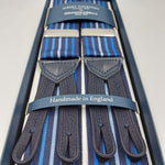 Albert Thurston for Cruciani & Bella Made in England Adjustable Sizing 40 mm Woven Barathea  Dark Blue and Light Blue  Stripes  Motif  Braces Y-Shaped Nickel Fittings Multifit