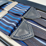 Albert Thurston for Cruciani & Bella Made in England Adjustable Sizing 40 mm Woven Barathea  Dark Blue and Light Blue  Stripes  Motif  Braces Y-Shaped Nickel Fittings Multifit