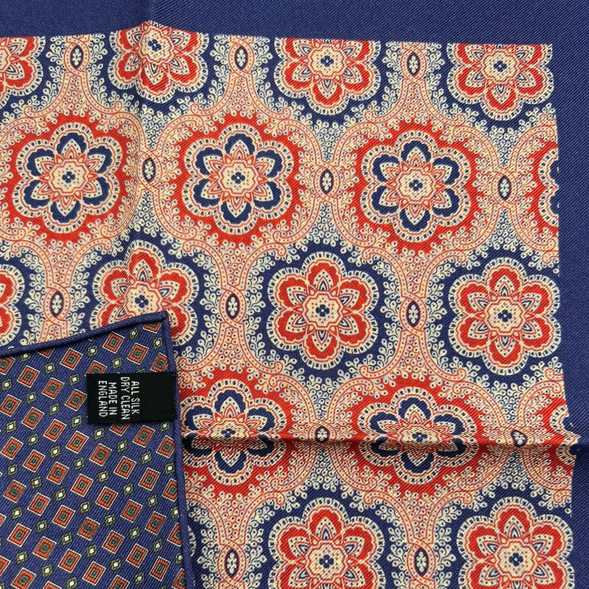 Cruciani & Bella Hand-rolled   100% Silk Blue and Red  Double Faces Patterned  Motif  Pocket Square Made in England 31 cm X 31 cm #6456
