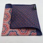 Cruciani & Bella Hand-rolled   100% Silk Blue and Red  Double Faces Patterned  Motif  Pocket Square Made in England 31 cm X 31 cm #6456