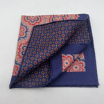 Cruciani & Bella Hand-rolled   100% Silk Blue and Red  Double Faces Patterned  Motif  Pocket Square Made in England 31 cm X 31 cm #6456