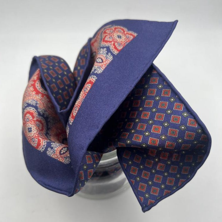 Cruciani & Bella Hand-rolled   100% Silk Blue and Red  Double Faces Patterned  Motif  Pocket Square Made in England 31 cm X 31 cm #6456