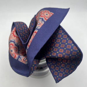 Cruciani & Bella Hand-rolled   100% Silk Blue and Red  Double Faces Patterned  Motif  Pocket Square Made in England 31 cm X 31 cm #6456