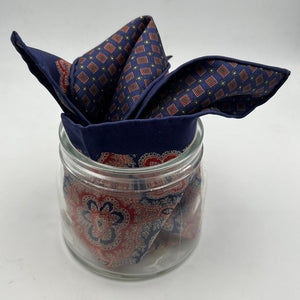 Cruciani & Bella Hand-rolled   100% Silk Blue and Red  Double Faces Patterned  Motif  Pocket Square Made in England 31 cm X 31 cm #6456