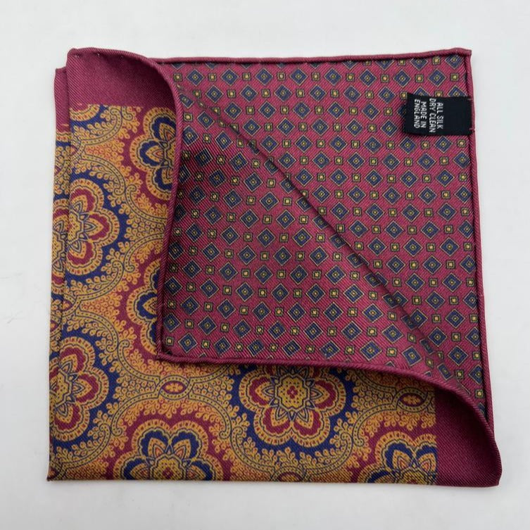 Cruciani & Bella Hand-rolled   100% Silk Wine, Blue and Red Double Faces Patterned  Motif  Pocket Square Made in England 31 cm X 31 cm #6457