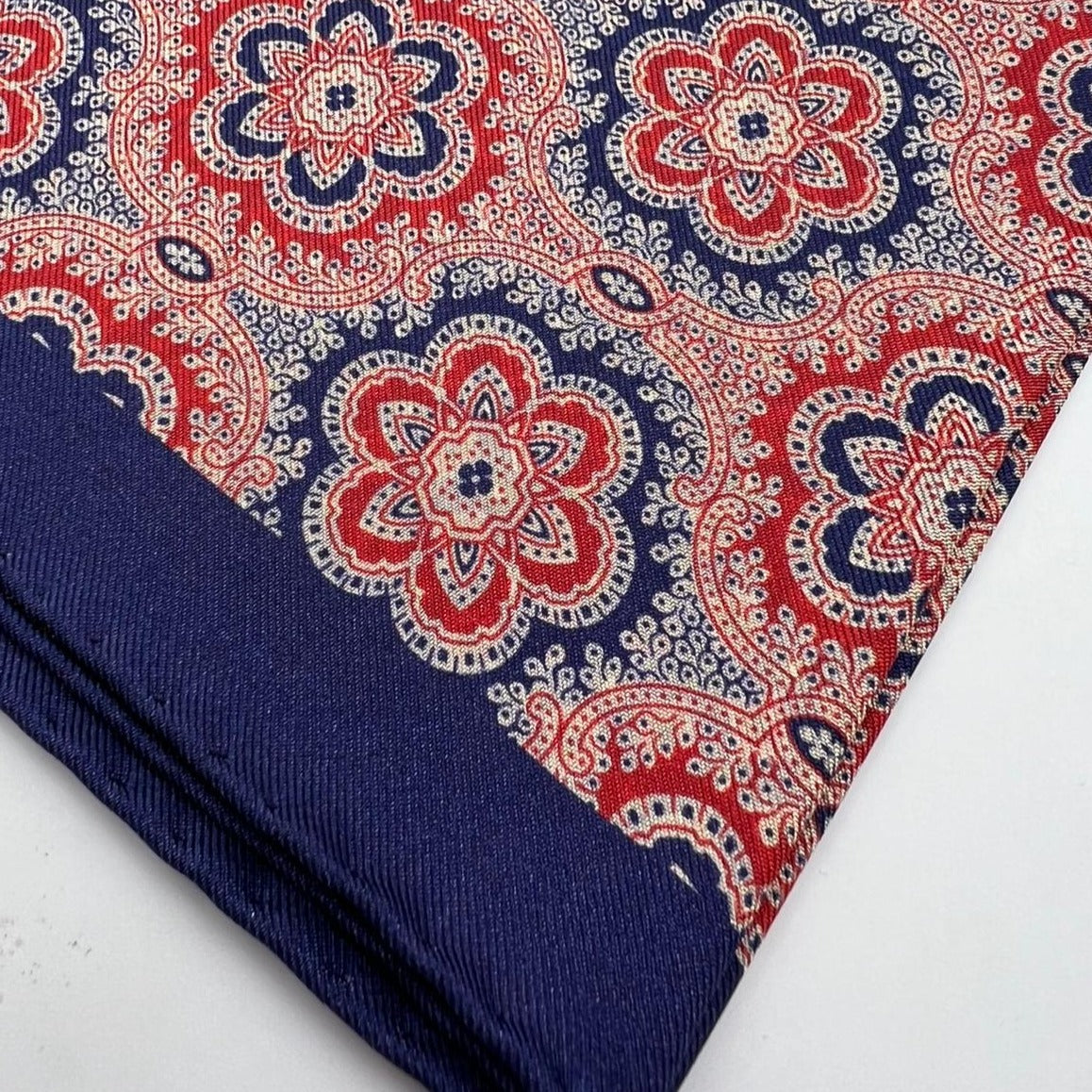 Cruciani & Bella Hand-rolled   100% Silk Blue and Red  Double Faces Patterned  Motif  Pocket Square Made in England 31 cm X 31 cm #6456