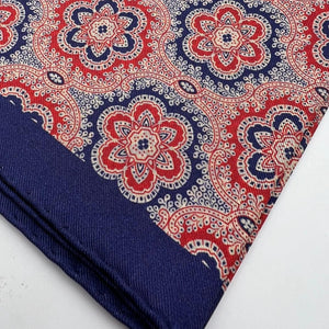 Cruciani & Bella Hand-rolled   100% Silk Blue and Red  Double Faces Patterned  Motif  Pocket Square Made in England 31 cm X 31 cm #6456