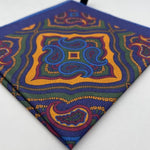 Cruciani & Bella Hand-rolled   100% Silk Blue, Ocra, Red and Green Double Faces Patterned  Motif  Pocket Square Made in England 31 cm X 31 cm #6455