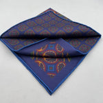 Cruciani & Bella Hand-rolled   100% Silk Blue, Ocra, Red and Green Double Faces Patterned  Motif  Pocket Square Made in England 31 cm X 31 cm #6455