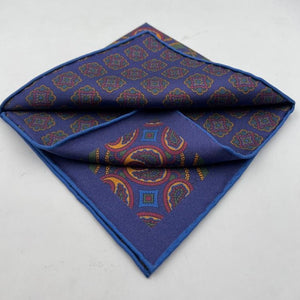 Cruciani & Bella Hand-rolled   100% Silk Blue, Ocra, Red and Green Double Faces Patterned  Motif  Pocket Square Made in England 31 cm X 31 cm #6455