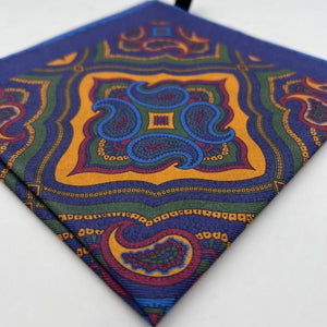 Cruciani & Bella Hand-rolled   100% Silk Blue, Ocra, Red and Green Double Faces Patterned  Motif  Pocket Square Made in England 31 cm X 31 cm #6455