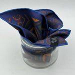Cruciani & Bella Hand-rolled   100% Silk Blue, Ocra, Red and Green Double Faces Patterned  Motif  Pocket Square Made in England 31 cm X 31 cm #6455
