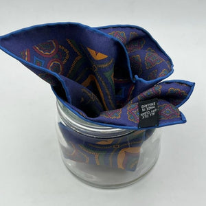 Cruciani & Bella Hand-rolled   100% Silk Blue, Ocra, Red and Green Double Faces Patterned  Motif  Pocket Square Made in England 31 cm X 31 cm #6455