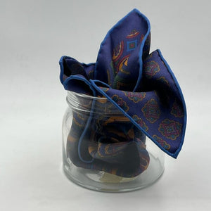 Cruciani & Bella Hand-rolled   100% Silk Blue, Ocra, Red and Green Double Faces Patterned  Motif  Pocket Square Made in England 31 cm X 31 cm #6455