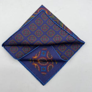 Cruciani & Bella Hand-rolled   100% Silk Blue, Ocra, Red and Green Double Faces Patterned  Motif  Pocket Square Made in England 31 cm X 31 cm #6455