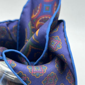 Cruciani & Bella Hand-rolled   100% Silk Blue, Ocra, Red and Green Double Faces Patterned  Motif  Pocket Square Made in England 31 cm X 31 cm #6455