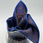 Cruciani & Bella Hand-rolled   100% Silk Blue, Ocra, Red and Green Double Faces Patterned  Motif  Pocket Square Made in England 31 cm X 31 cm #6455