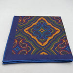 Cruciani & Bella Hand-rolled   100% Silk Blue, Ocra, Red and Green Double Faces Patterned  Motif  Pocket Square Made in England 31 cm X 31 cm #6455