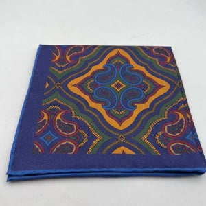 Cruciani & Bella Hand-rolled   100% Silk Blue, Ocra, Red and Green Double Faces Patterned  Motif  Pocket Square Made in England 31 cm X 31 cm #6455