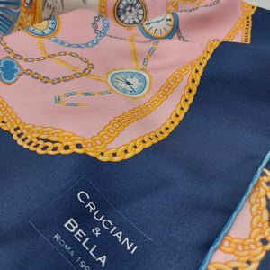 Cruciani & Bella Hand-rolled   100% Silk Clock Design Blue and Pink Made in Italy 90 cm X 90 cm #6354 