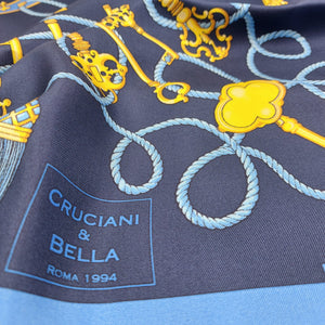 Cruciani & Bella Hand-rolled   100% Silk Keys Design Blue and Light Blue Made in Italy 90 cm X 90 cm #6353