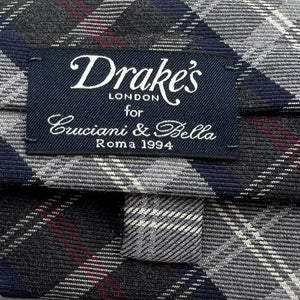 Drake's Vintage 70% Wool 30% Silk Tipped Tartan Motif Green Forest, Light Grey, Red, White, Blue Handmade in England 8 cm x 148 cm #6487