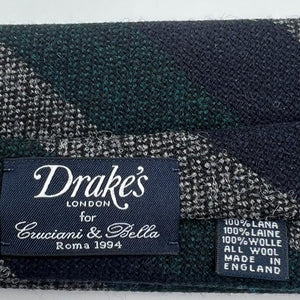 Drake's Vintage 100% Wool Unlined Green, Grey and Blue  Stripes Tie Handmade in England 8 cm x 148 cm #6024