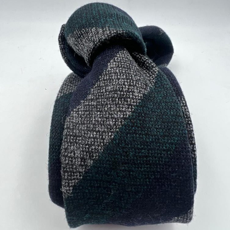 Drake's Vintage 100% Wool Unlined Green, Grey and Blue  Stripes Tie Handmade in England 8 cm x 148 cm #6024
