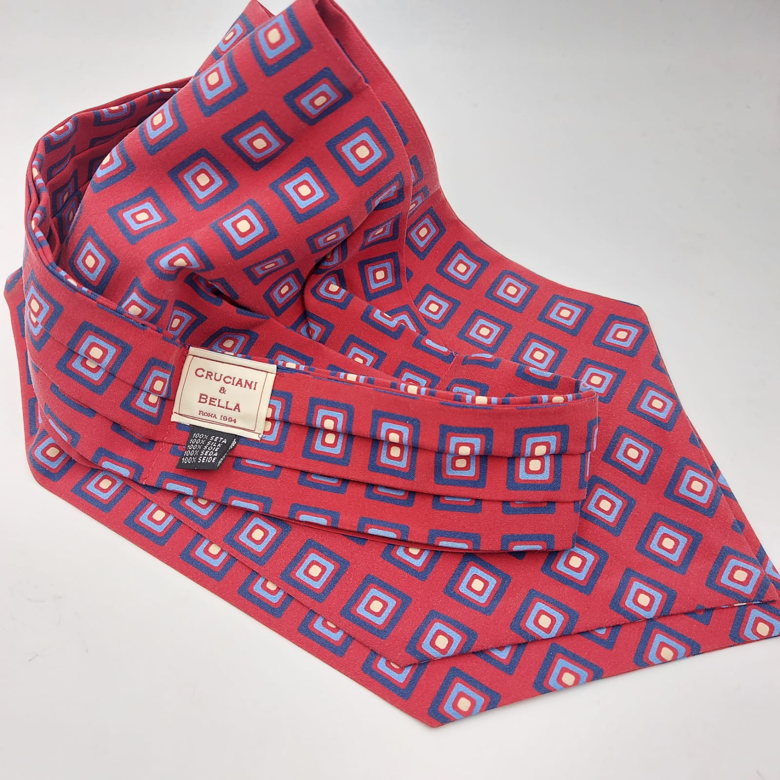 Cruciani & Bella 100% Silk Madder Ascot  Wine,Blue and Light Blue Made in Italy #4029