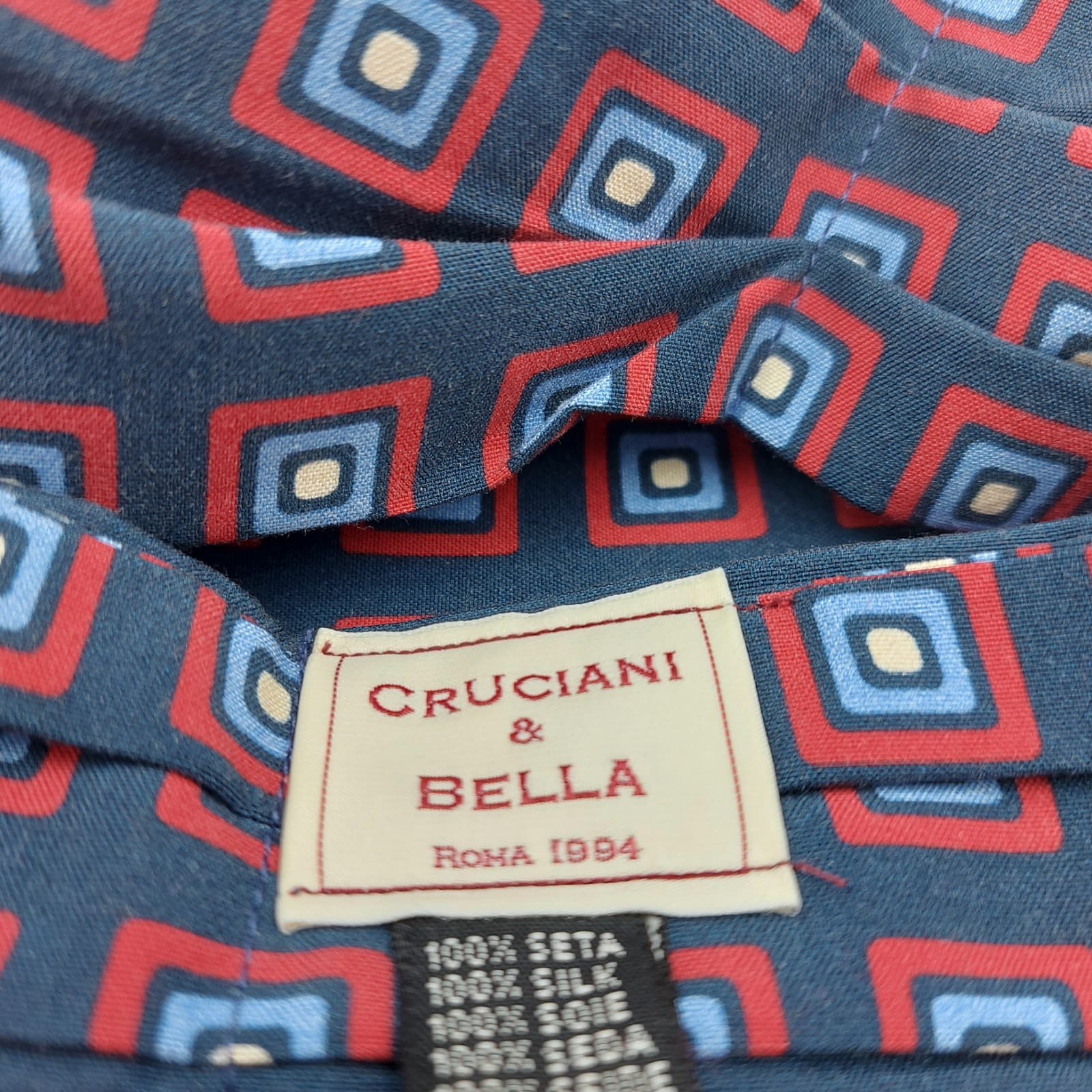 Cruciani & Bella 100% Silk Madder Ascot  Blue and Red Made in Italy #4028