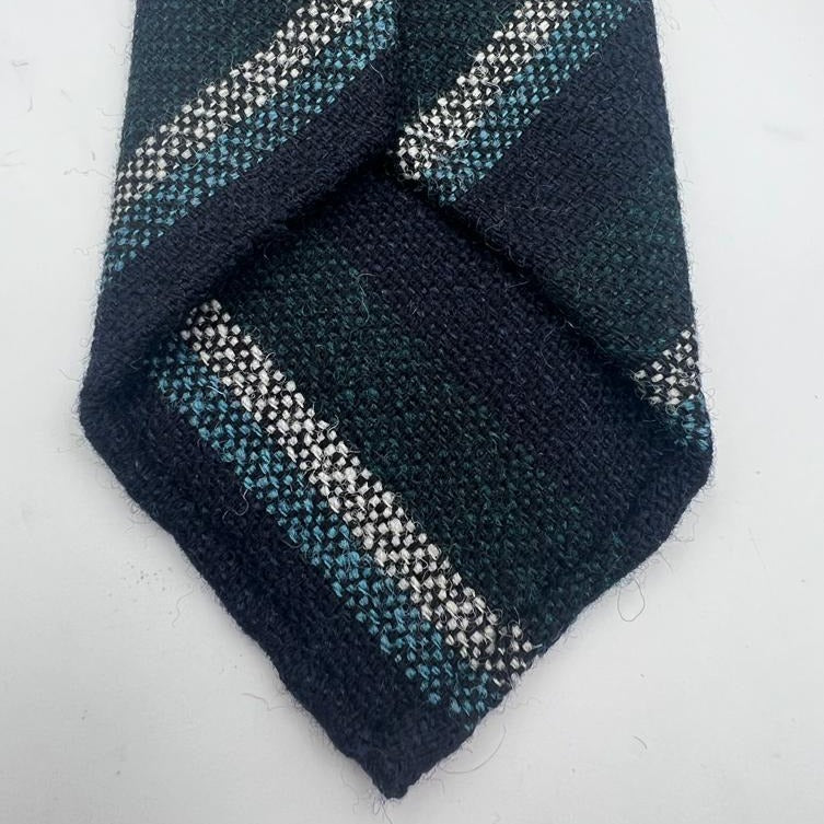 Drake's Vintage 100% Wool Unlined Dark Blue, Grey and Green Stripes Tie Handmade in England 8 cm x 148 cm #6027